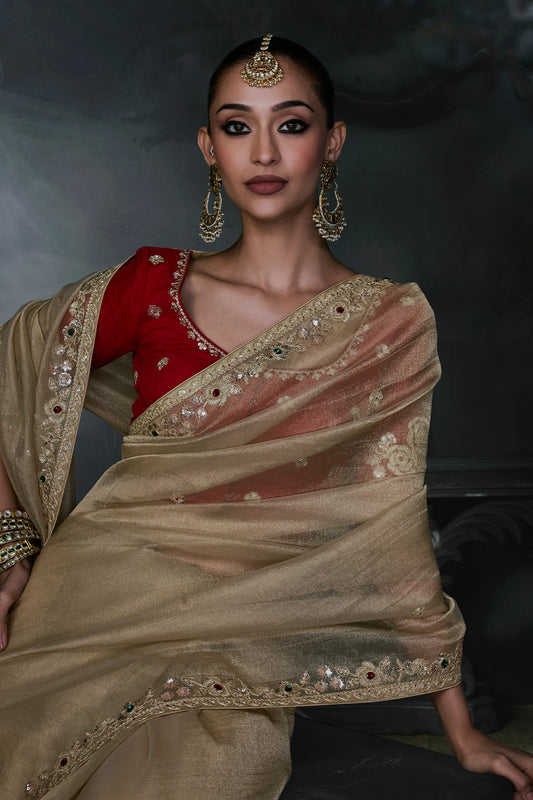 Golden Beige Embroidered Tissue Organza Saree-SAR13103_2_SareeButa.com