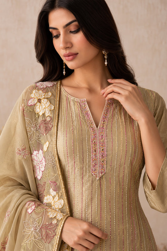 Golden Beige Readymade Embroidered Shimmer Silk Suit-SAR13338_2_SareeButa.com