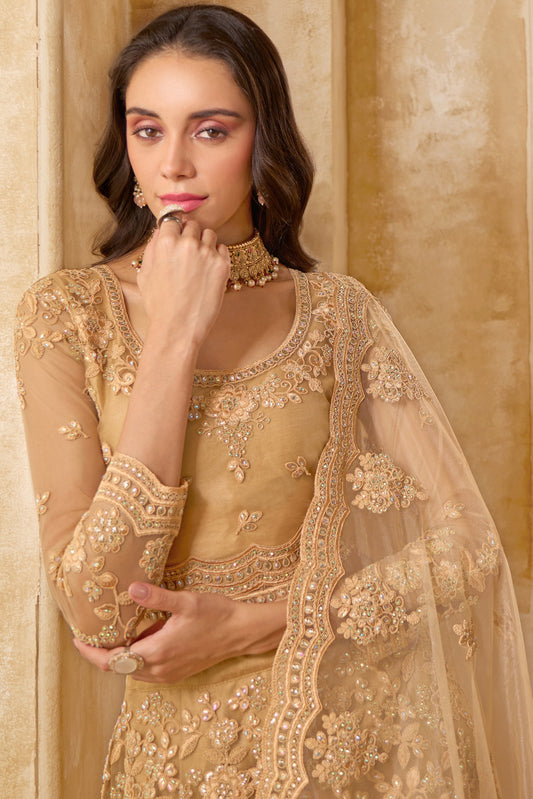 Golden Beige Semi Stitched Embroidered Net Lehenga-LC14_2_SareeButa.com