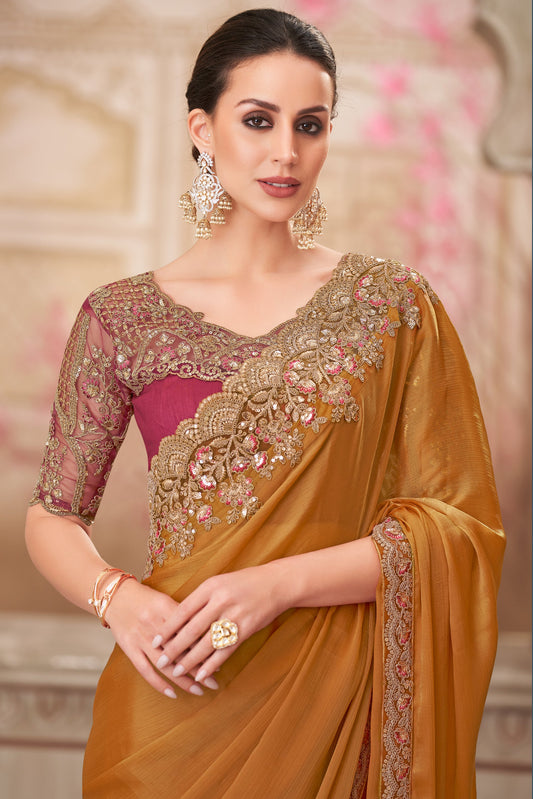 Golden Brown Embroidered Chiffon Silk Saree-ZB134559_2_SareeButa.com