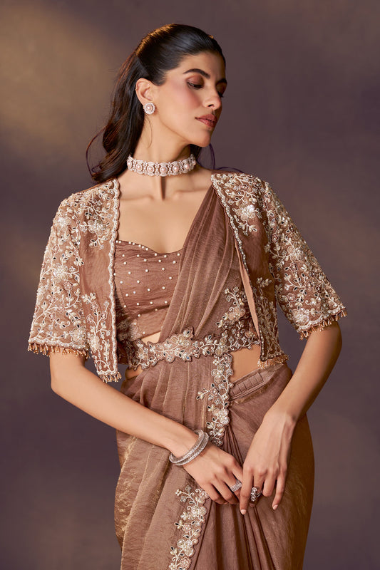 Golden Embroidered Satin Readymade Saree with Stitched Blouse-SAR10855_2_SareeButa.com