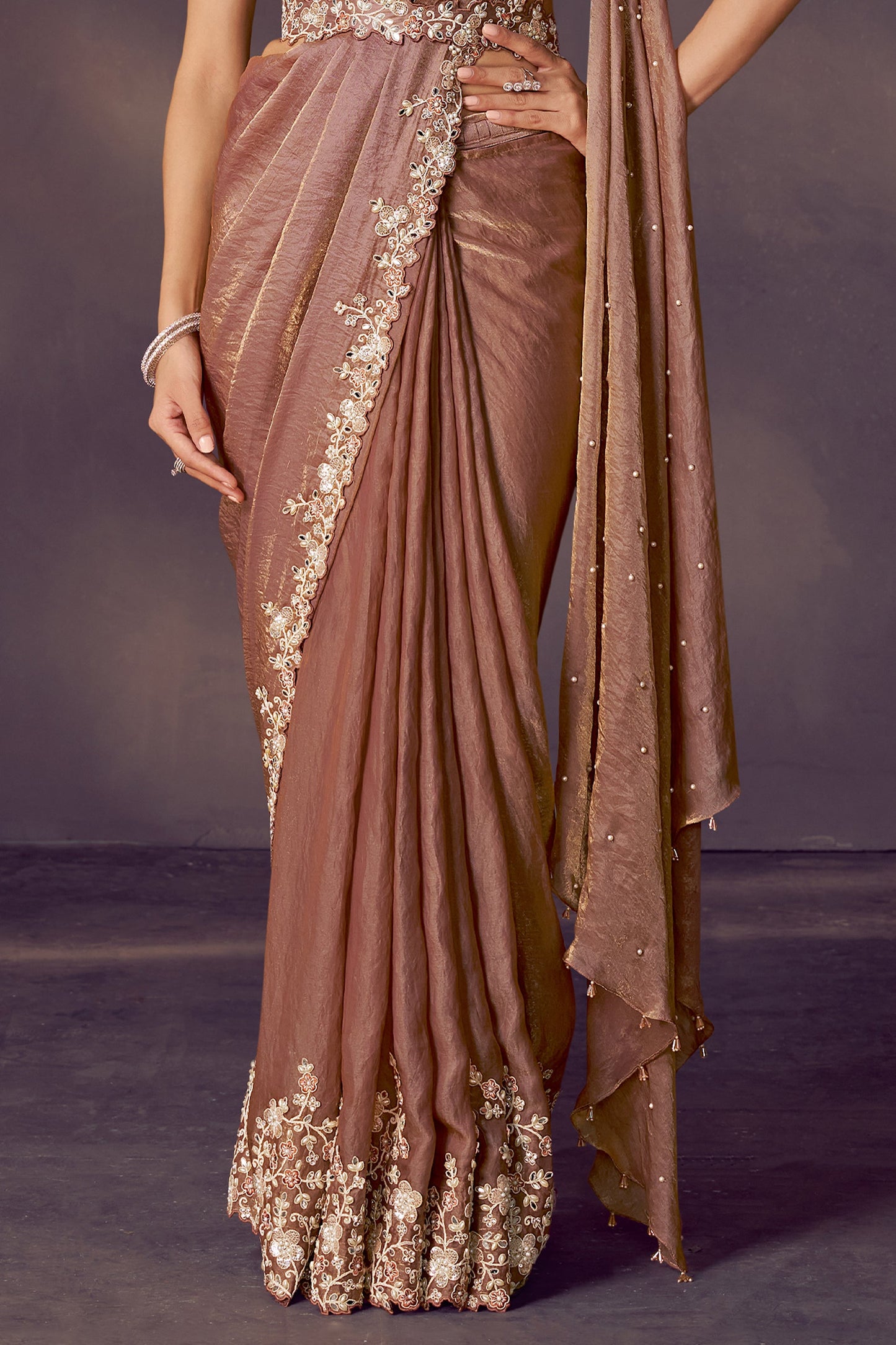 Golden Embroidered Satin Readymade Saree with Stitched Blouse-SAR10855_5_SareeButa.com