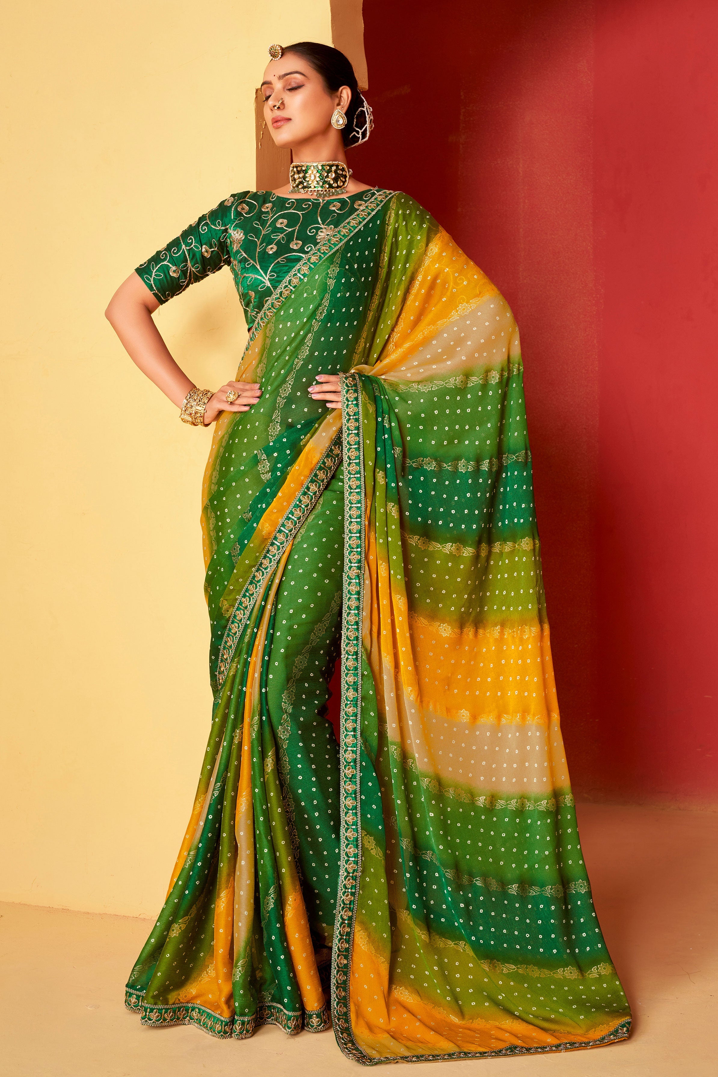 Green Vibrant Bandhani Saree main image 1