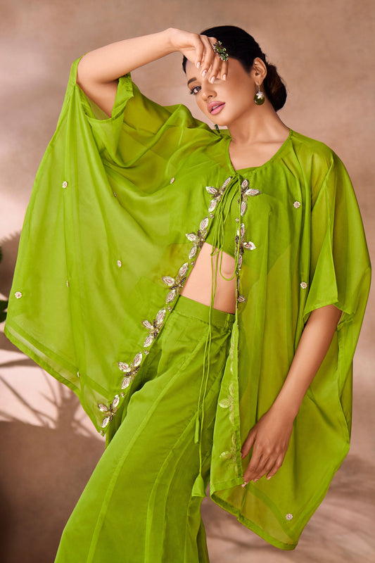 Green Embroidered Organza Co-Ord Set-SS241_2_SareeButa.com