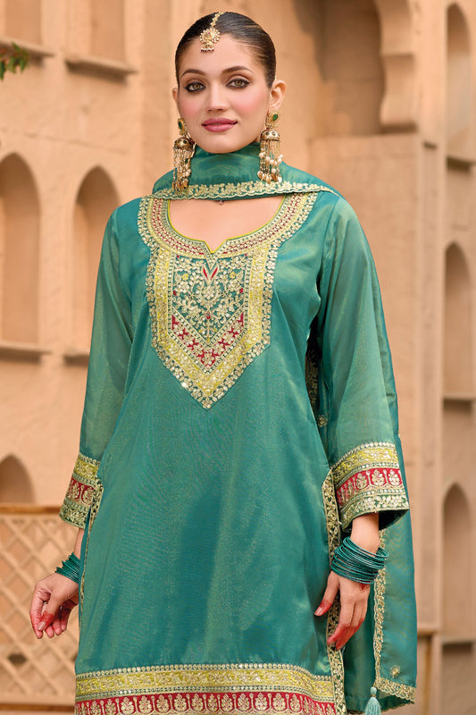 Green Heavy Work Shimmer Readymade Suit-SS158_2_SareeButa.com