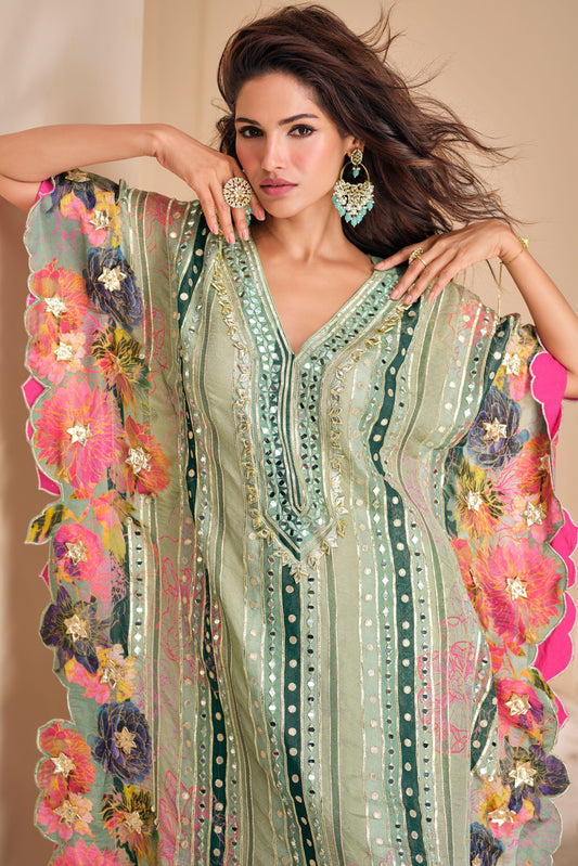 Green Mirror Work Kaftan Set-SS265_2_SareeButa.com
