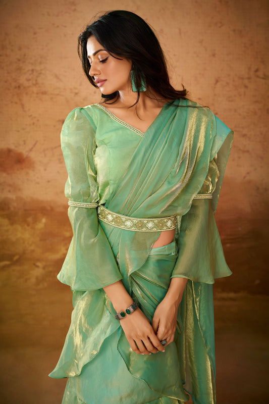 Green Organza Readymade Saree-ZB133485_2_SareeButa.com