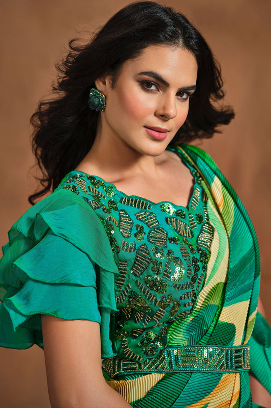 Green Perma Pleated Readymade Saree-ZB133912_2_SareeButa.com