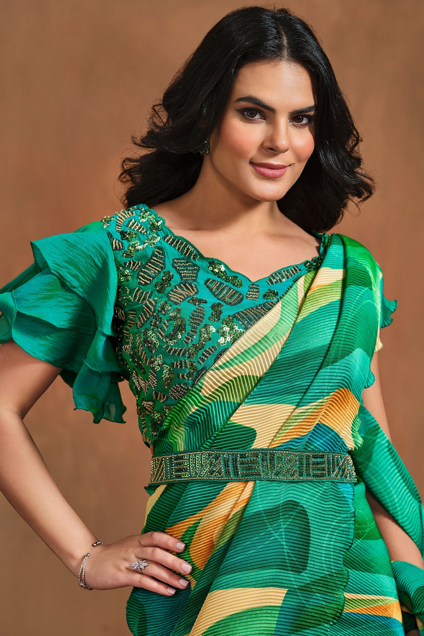 Green Perma Pleated Readymade Saree-ZB133912_3_SareeButa.com
