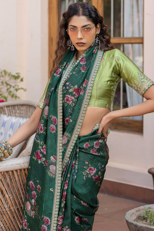Green Printed Viscose Silk Saree with Lace Border-ZB134627_2_SareeButa.com