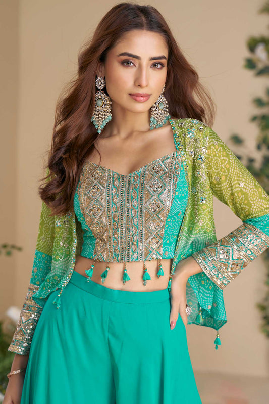 Green Readymade Chinon Palazzo Set with Shrug-SS679_2_SareeButa.com