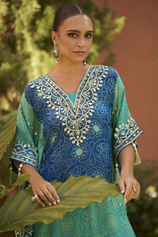 Green Readymade Embroidered Chinon Kaftan Set-SS910_2_SareeButa.com