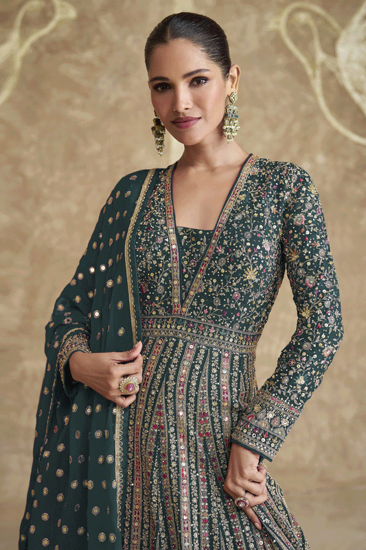 Green Readymade Heavy Work Georgette Gown with Dupatta-SS611_2_SareeButa.com