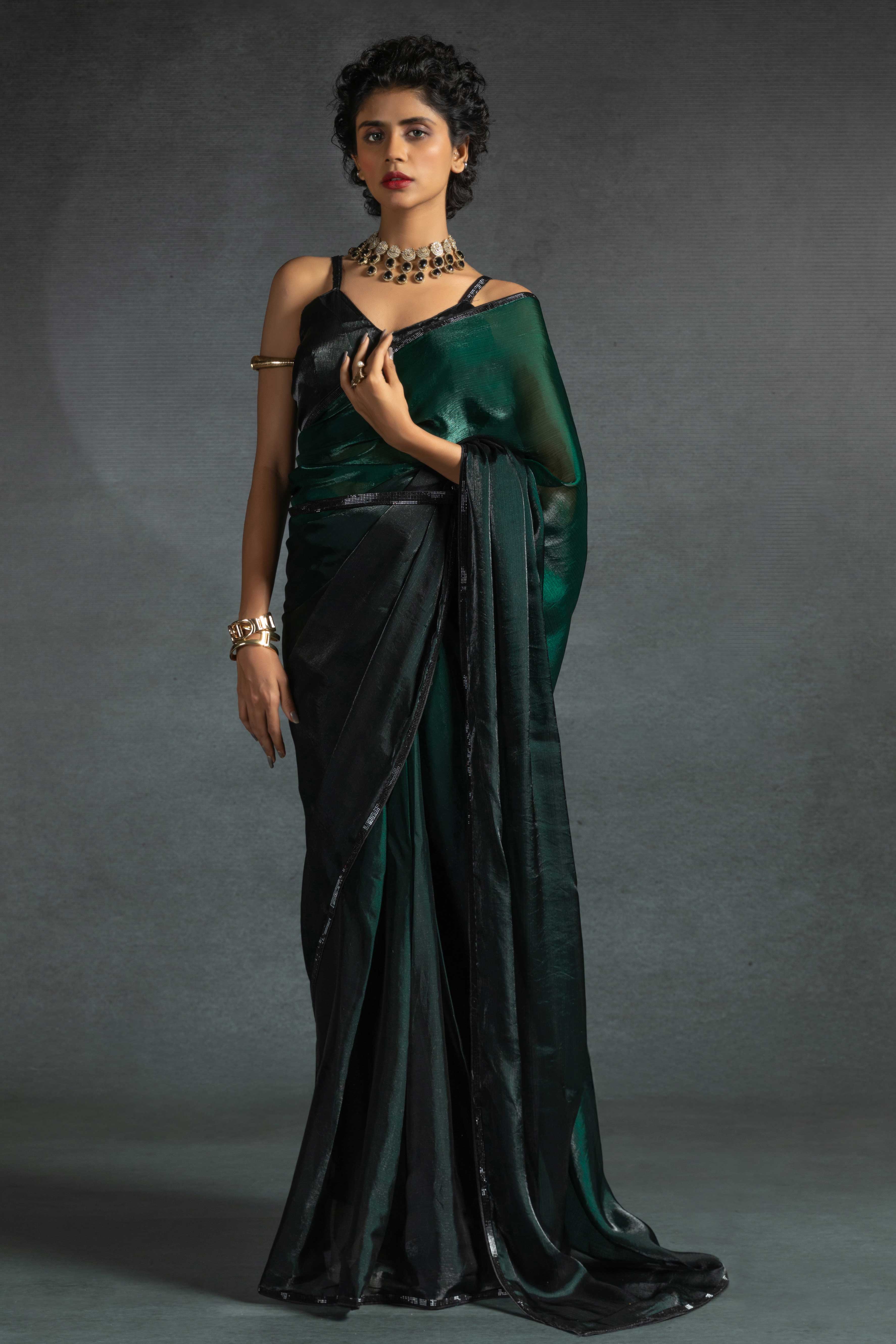 Green Printed Satin Silk Saree