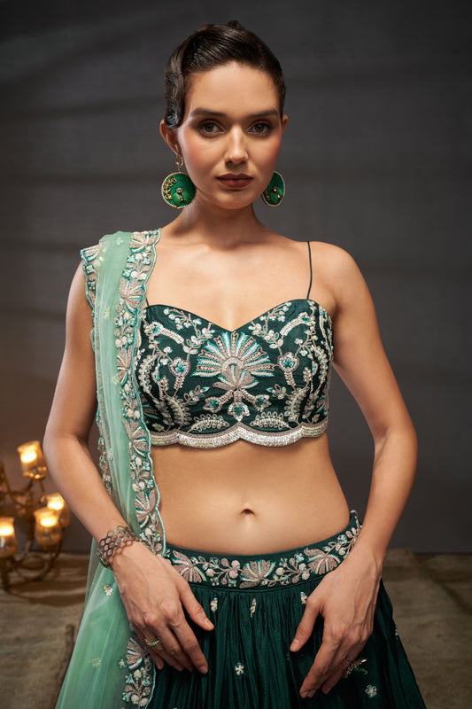 Green Semi-Stitched Embroidered Chiffon Lehenga-LC244_2_SareeButa.com
