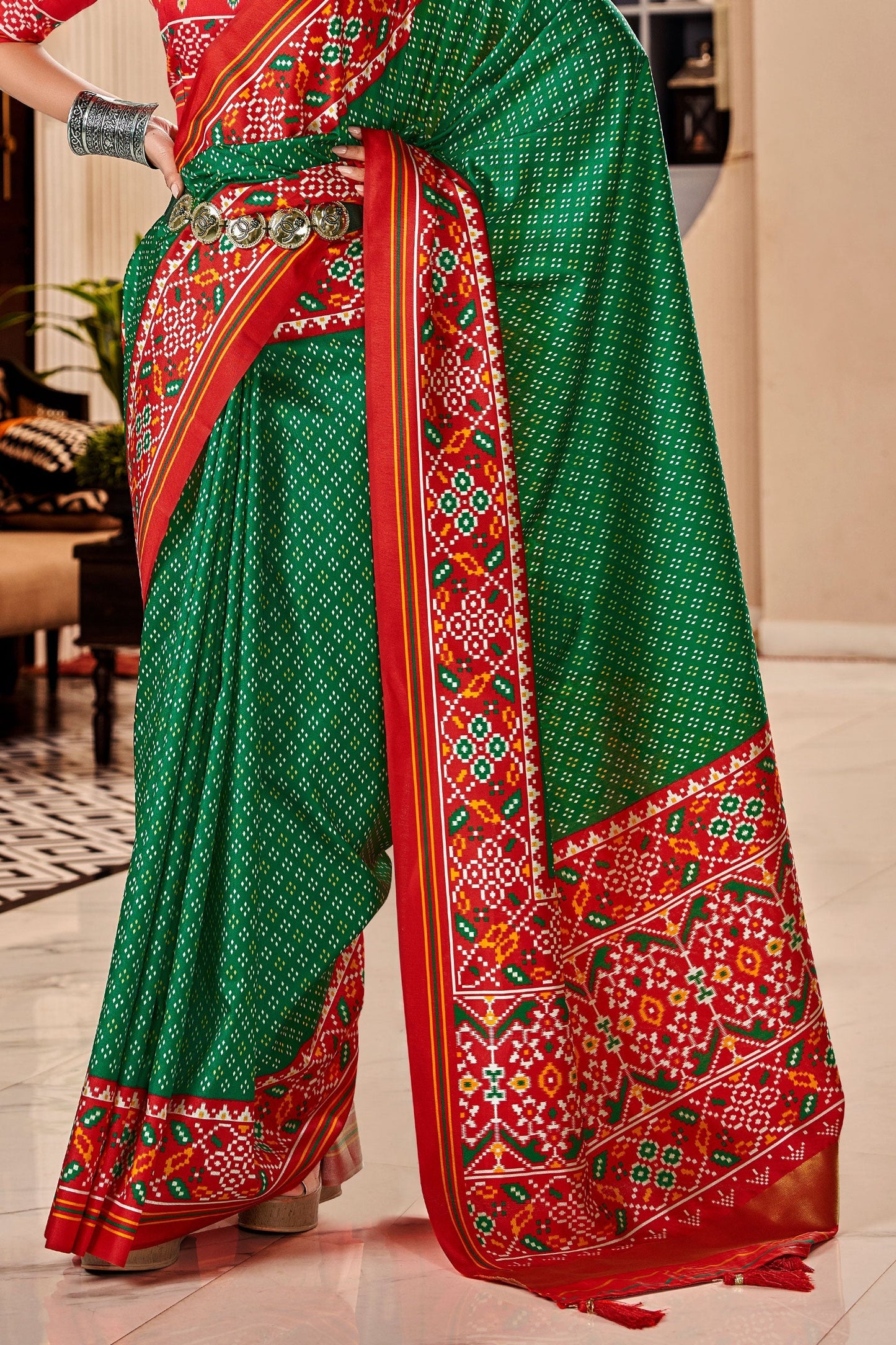Green Tussar Silk Saree With Patola Print-ZB133262_4_SareeButa.com