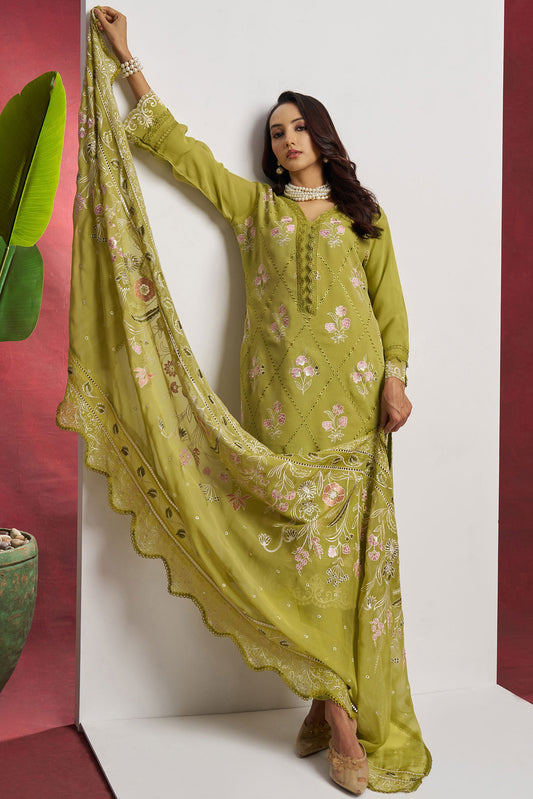 Green Unstitched Embroidered Organza Salwar Suit-SS179_2_SareeButa.com