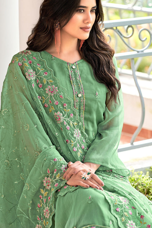 Green Unstitched Embroidered Chiffon Organza Suit-SS194_2_SareeButa.com