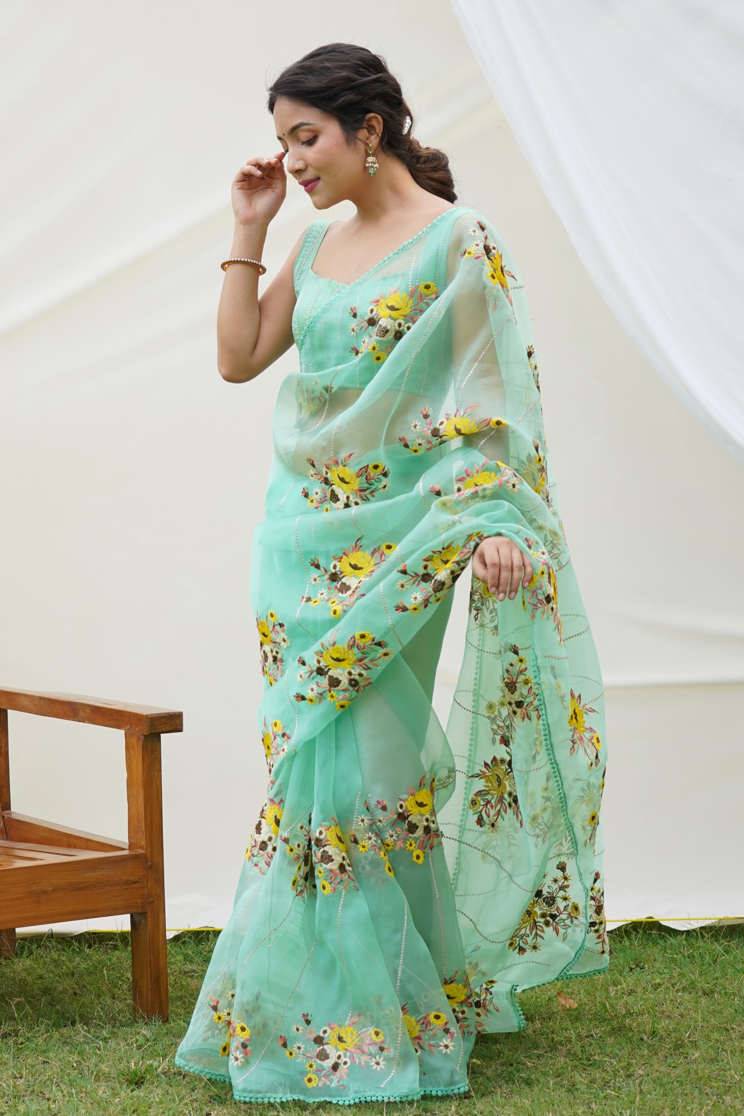 Blue Green Embroidered Organza Tissue Saree