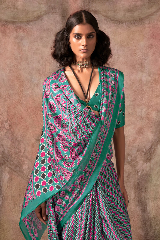 Green Ajarakh Print Satin Georgette Saree-SAR12432_2_SareeButa.com