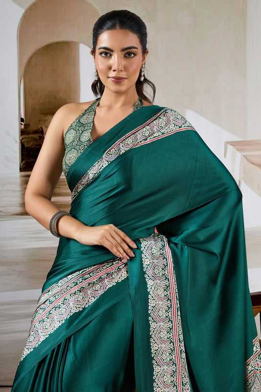 Green Ajrakh Print Satin Saree-SAR11484_2_SareeButa.com