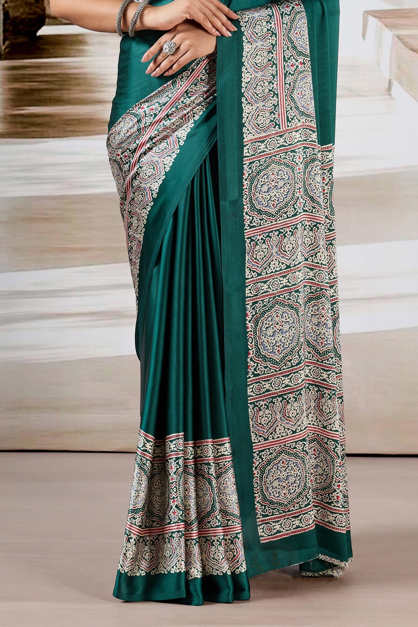 Green Ajrakh Print Satin Saree-SAR11484_5_SareeButa.com