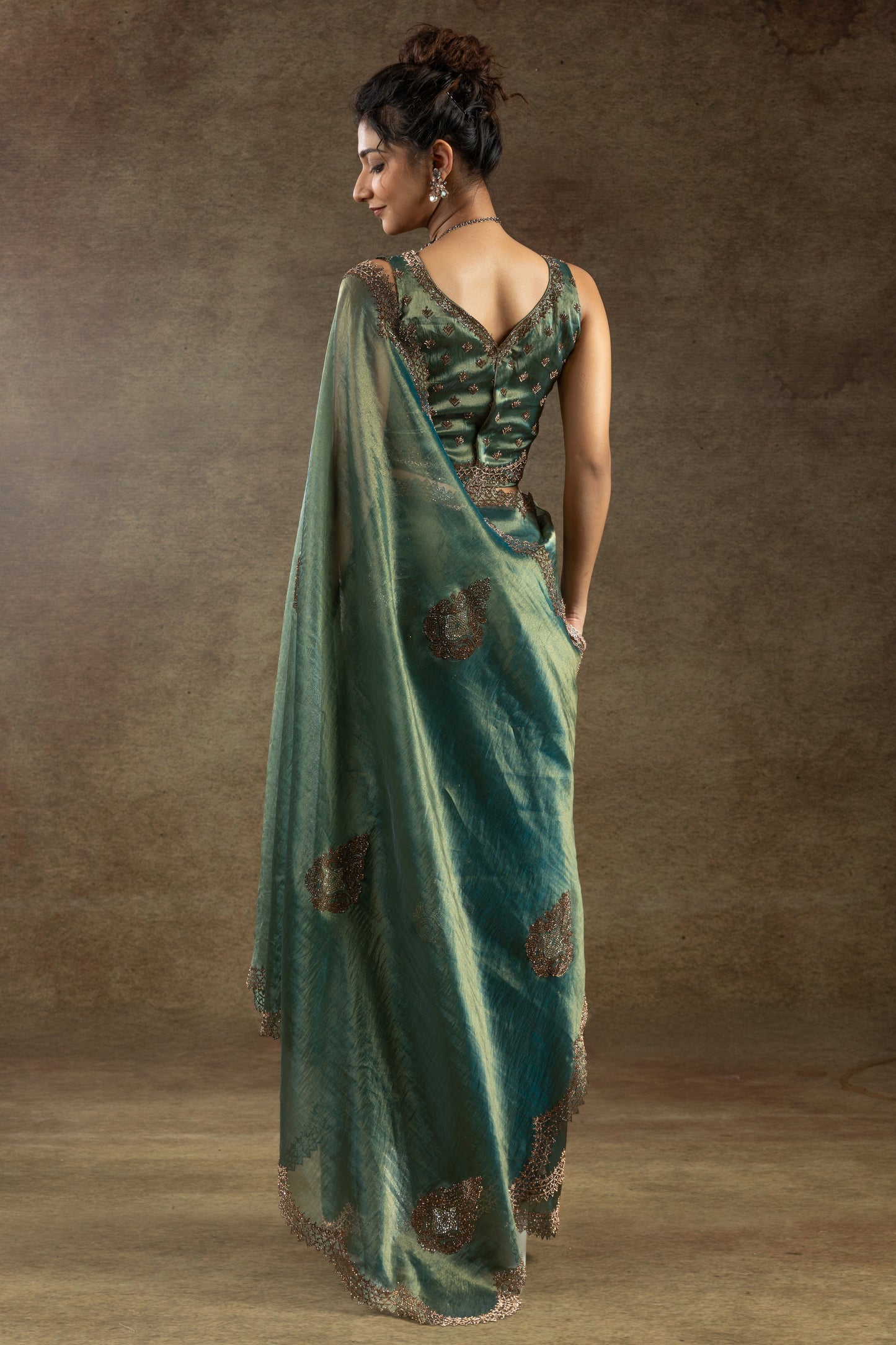 Blue Green Banarasi Silk Stone Work Saree-ZB134506_4_SareeButa.com