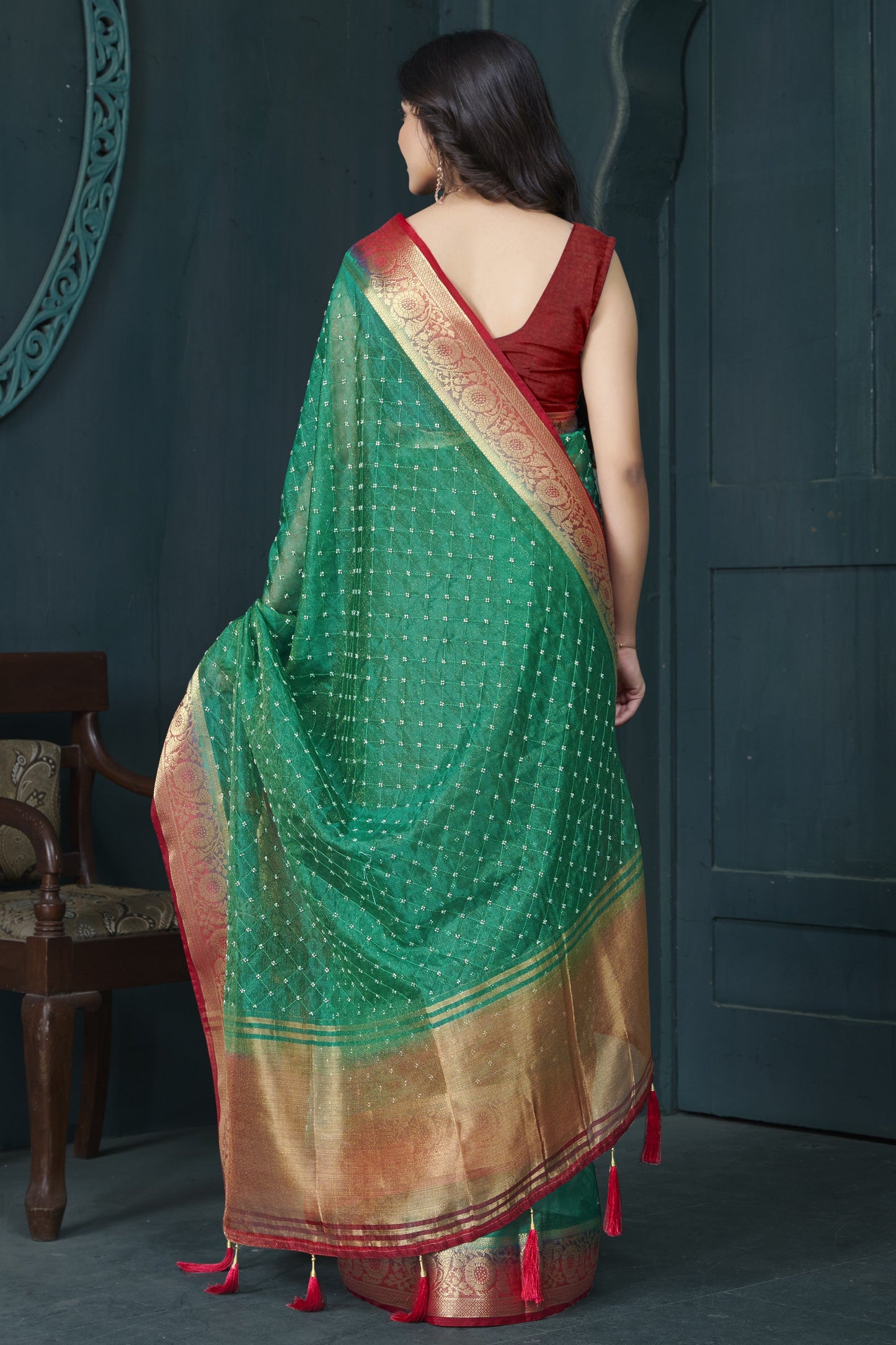 Green Bead Work Jacquard Saree-ZB134213_4_SareeButa.com