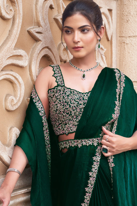 Green Chiffon Readymade Saree with Stitched Blouse-ZB134300_2_SareeButa.com