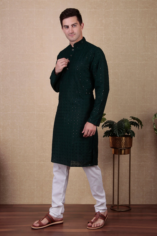 Green Embroidered Cotton Kurta Pajama-MW52_2_SareeButa.com