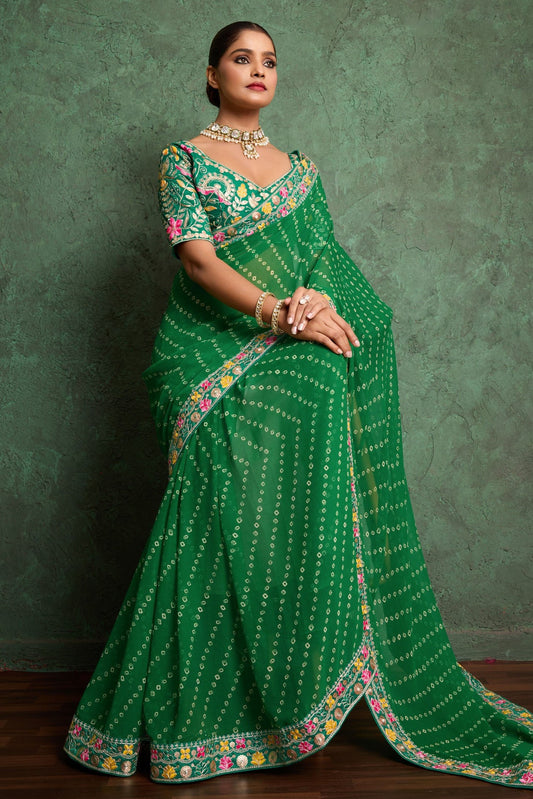 Green Embroidered Georgette Bandhani Saree-ZB134789_2_SareeButa.com