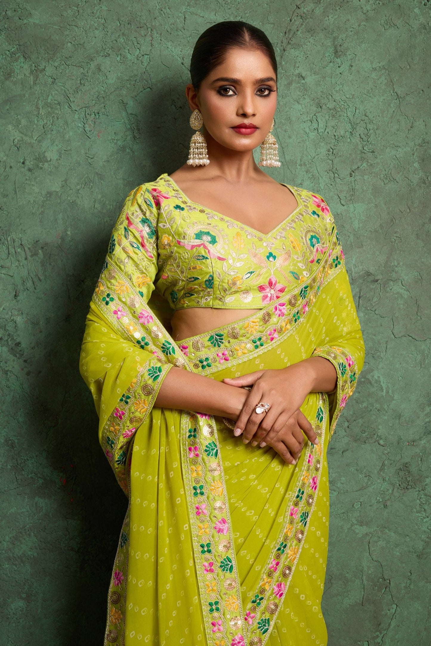 Green Embroidered Georgette Bandhani Saree-ZB134790_2_SareeButa.com