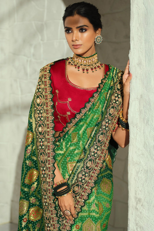 Green Embroidered Georgette Bandhej Saree-SAR13394_2_SareeButa.com