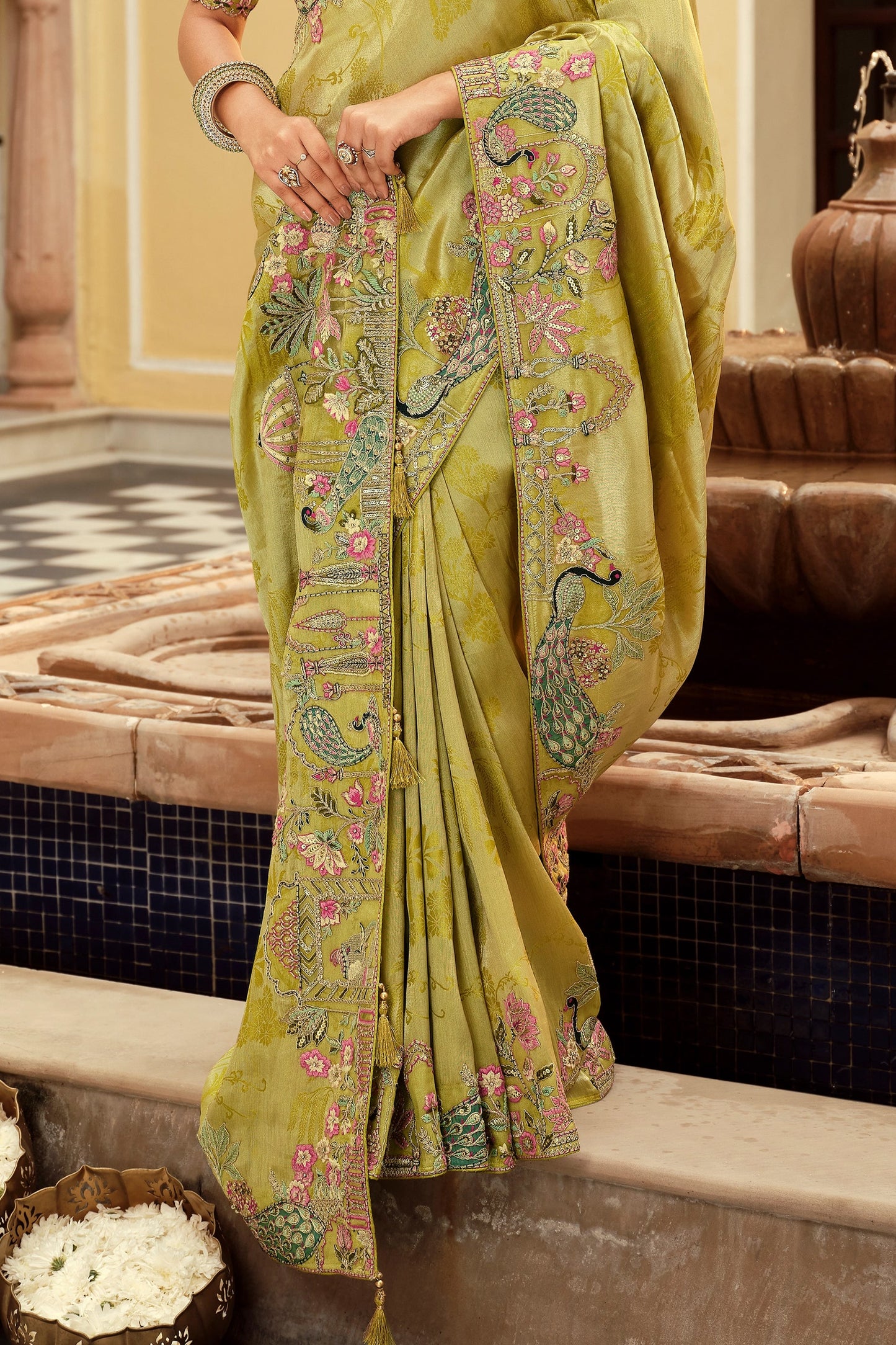 Green Embroidered Jacquard Viscose Silk Saree-SAR10367_4_SareeButa.com