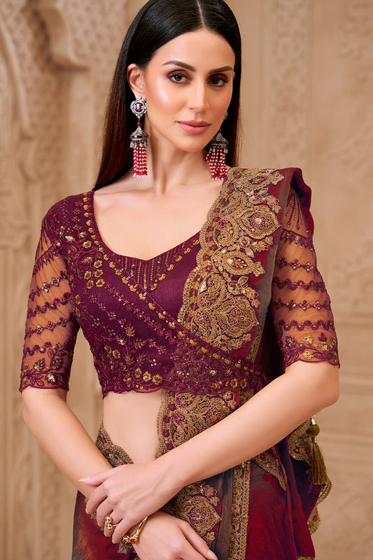 Green Embroidered Satin Georgette Saree-SAR12472_2_SareeButa.com