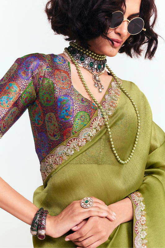 Green Embroidered Satin Organza Saree-SAR12245_2_SareeButa.com
