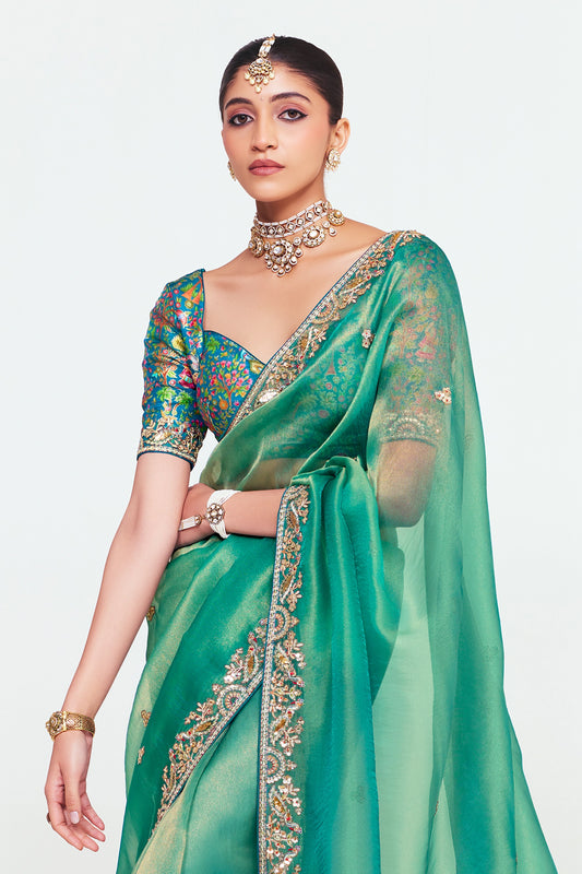 Green Embroidered Satin Organza Saree-SAR12248_2_SareeButa.com