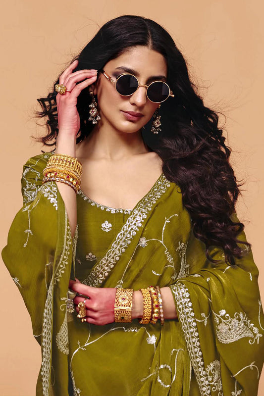 Green Embroidered Satin Organza Saree-SAR12270_2_SareeButa.com