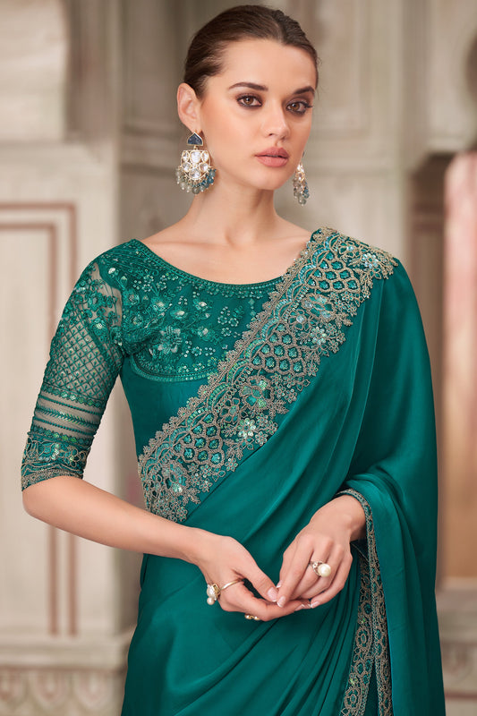 Green Embroidered Satin Silk Saree-ZB134554_2_SareeButa.com