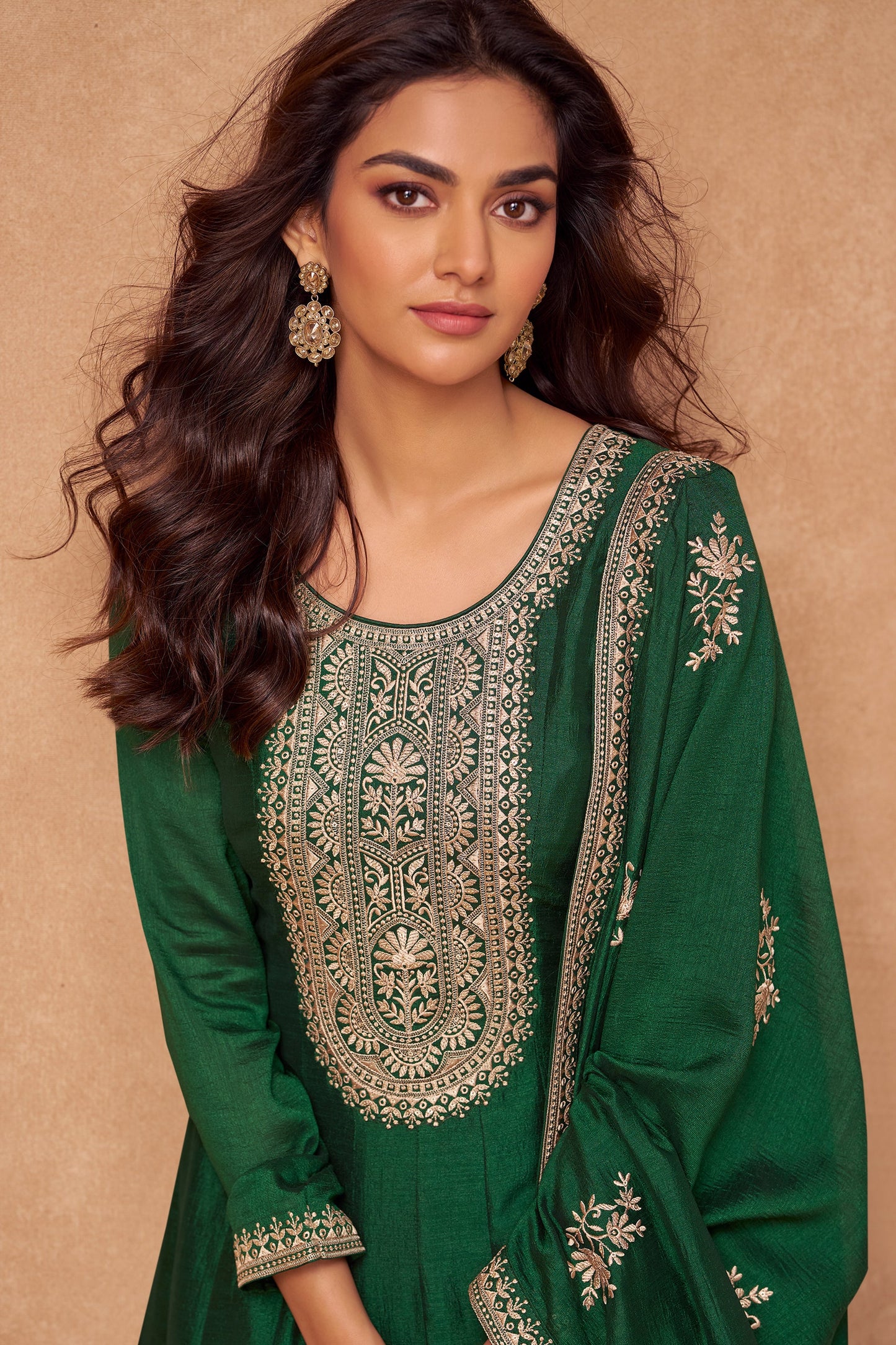 Green Embroidered Silk Gown with Dupatta-SS467_4_SareeButa.com