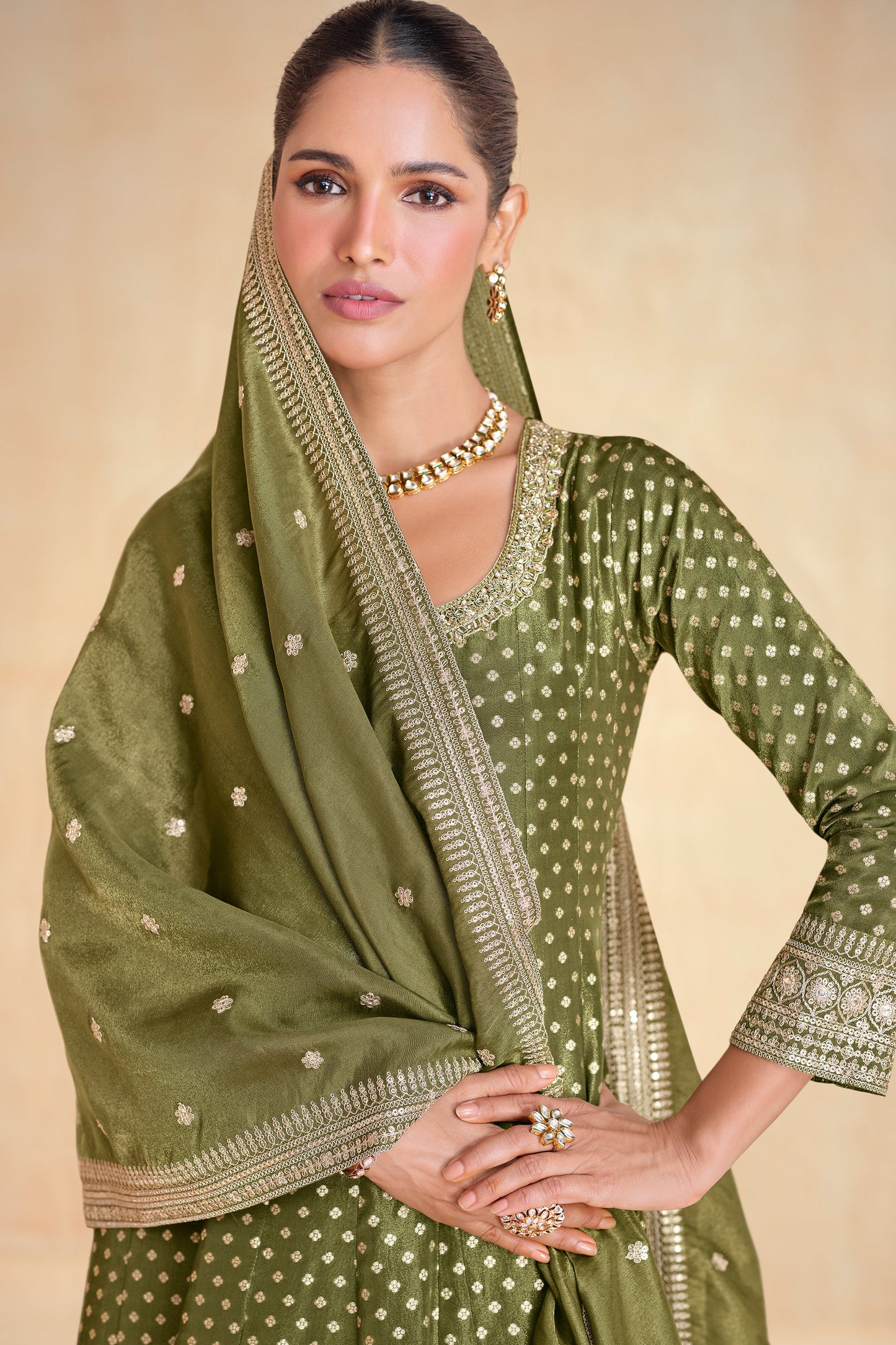Green Jacquard Organza Silk Gown with Dupatta-SS457_4_SareeButa.com