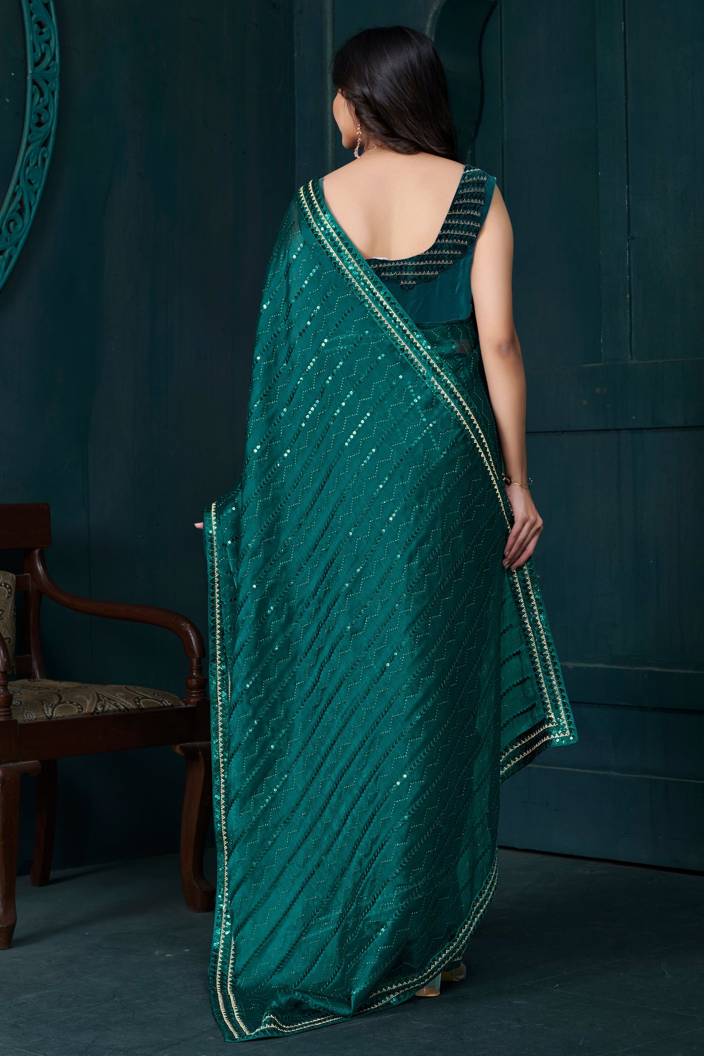 Green Organza Silk Stone Work Saree-ZB134461_4_SareeButa.com