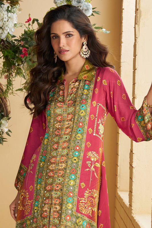 Green Pink Readymade Crepe Silk Co-Ord Set-SS786_2_SareeButa.com