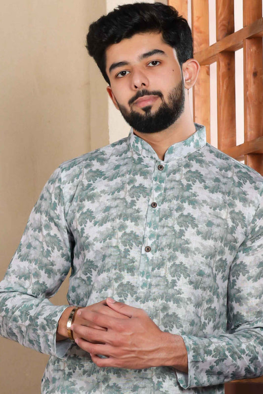 Green Printed Linen Kurta Pajama-MW64_2_SareeButa.com