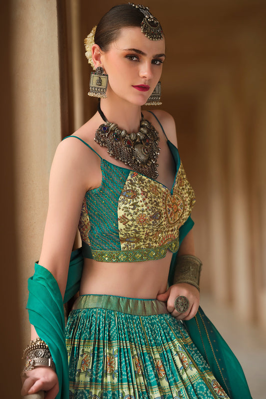 Green Printed Readymade Silk Lehenga-LC129_2_SareeButa.com