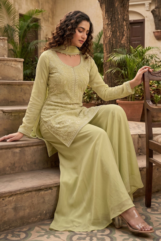 Green Readymade Bead Work Chinon Palazzo Suit-SAR12799_2_SareeButa.com