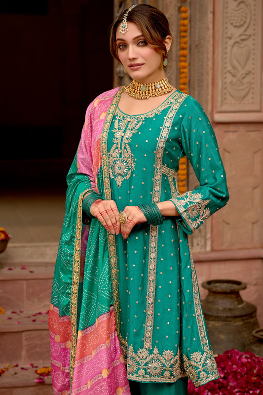 Green Readymade Chinon A-line Palazzo Suit-SS649_2_SareeButa.com