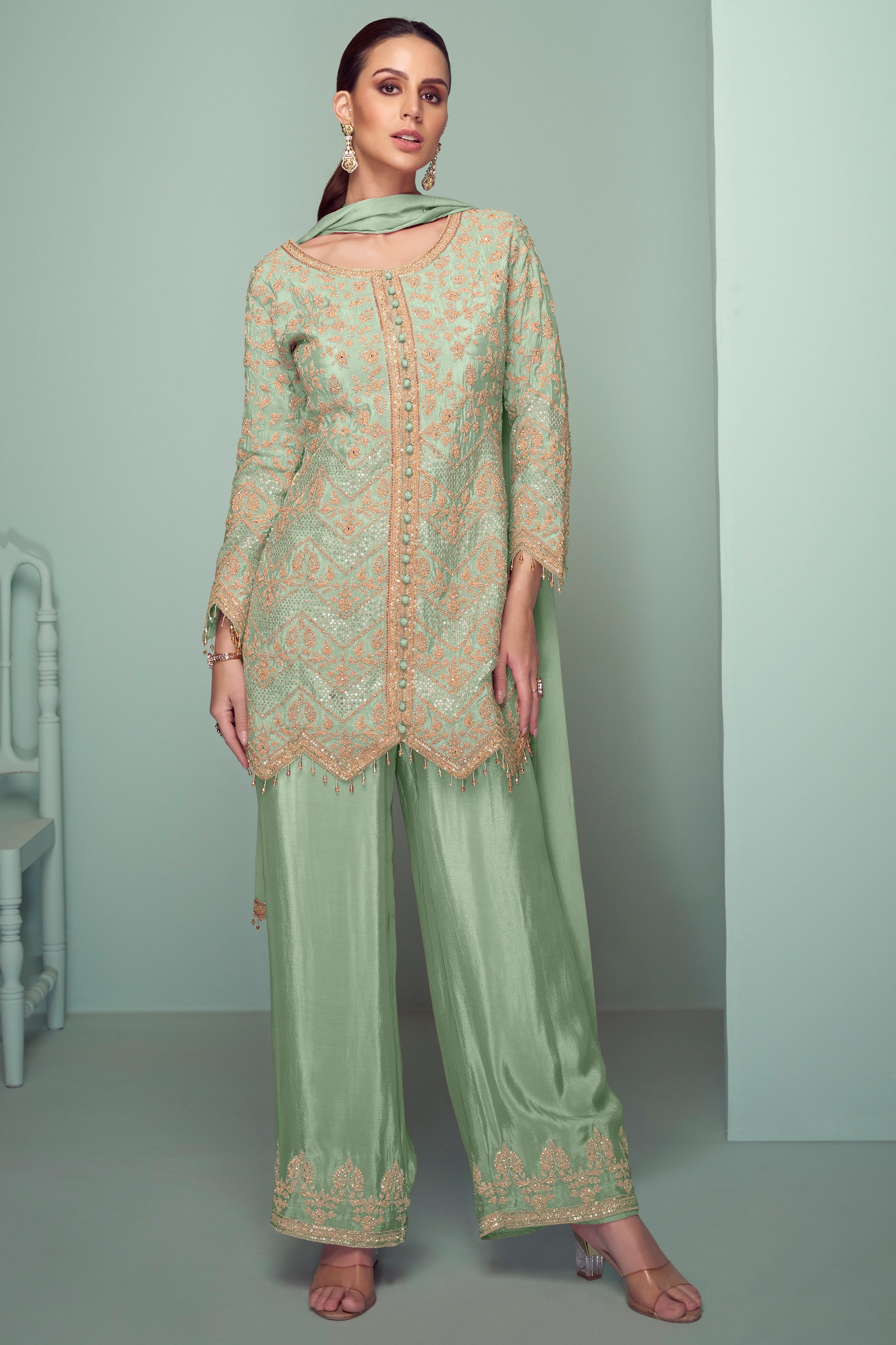 Green Ombre Pure Chinnon Wedding Festive Palazzo Suit