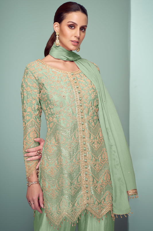 Green Readymade Chinon Palazzo Suit-SS582_2_SareeButa.com