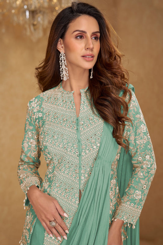 Green Readymade Chinon Skirt Set With Stitched Dupatta-SAR11539_2_SareeButa.com